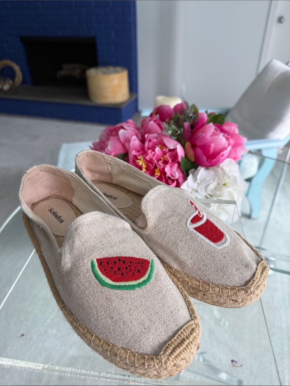 Soludos Embroidered Watermelon & Drink Espadrilles Neutral Linen Euro Summer 9.5